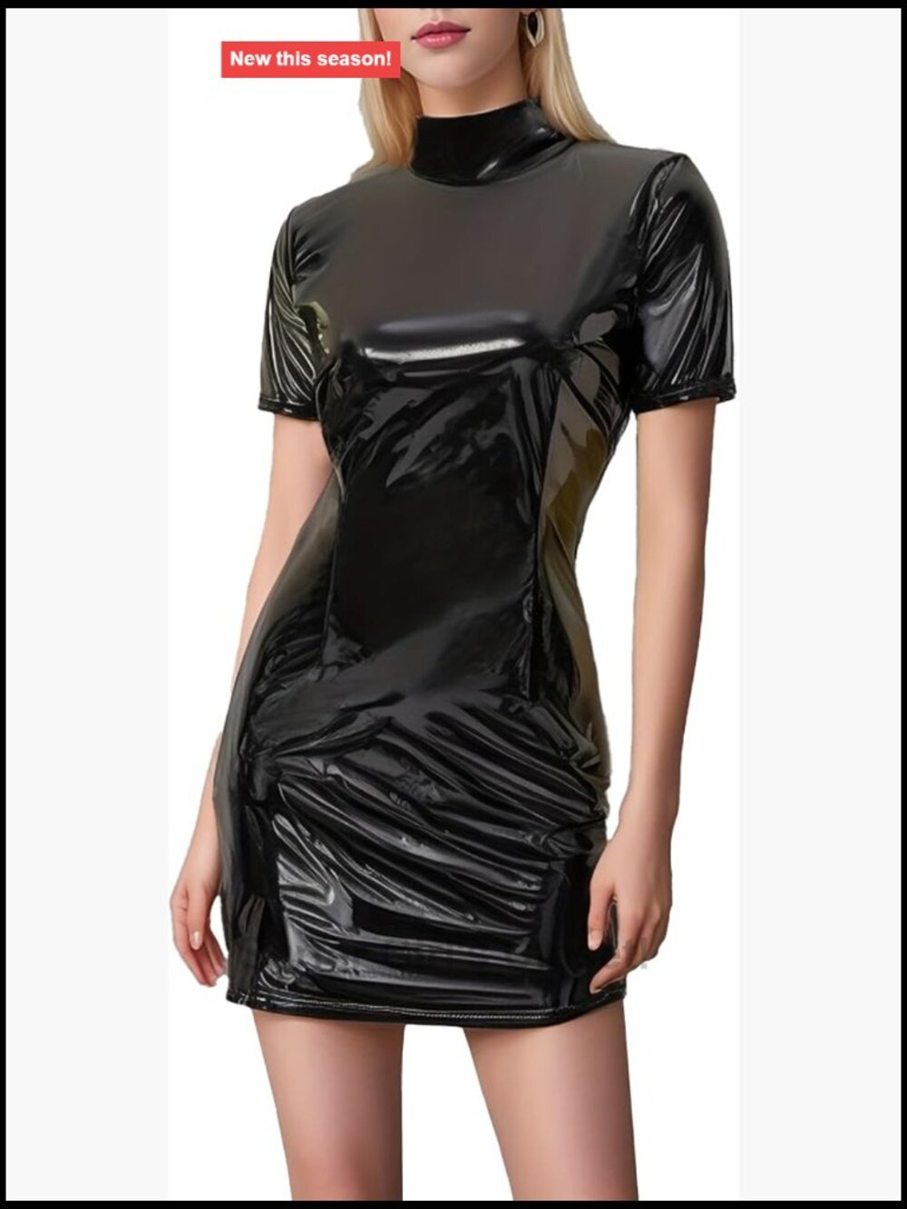 Plus Size Bodycon Mini Dress PU Faux Leather Sleek High Neck Short Sleeve